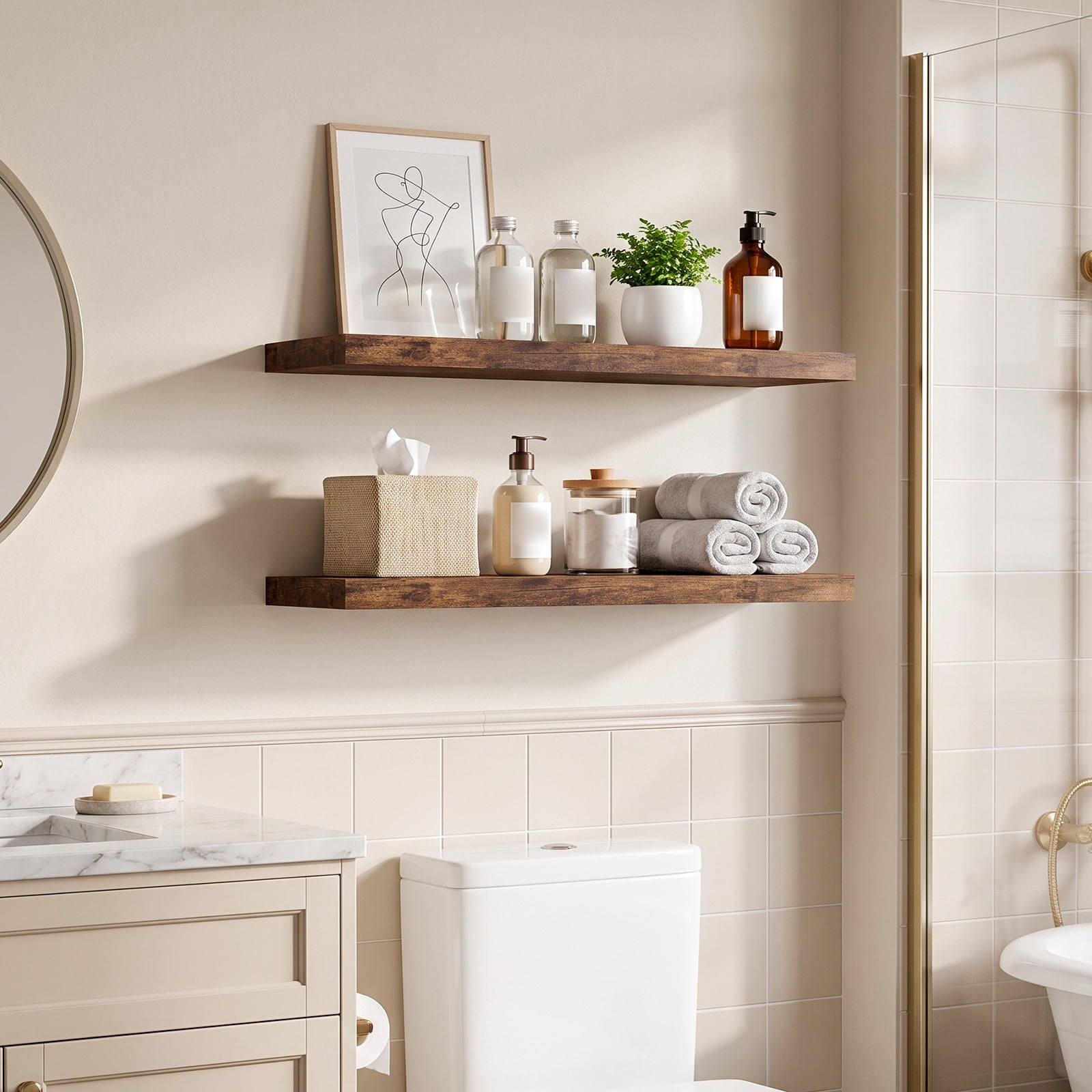 Fairy 4pcs Floating Shelves for Wall, 22.5in Bathroom Kitchen Shelves for Farmhouse Decor, Rustic Brown