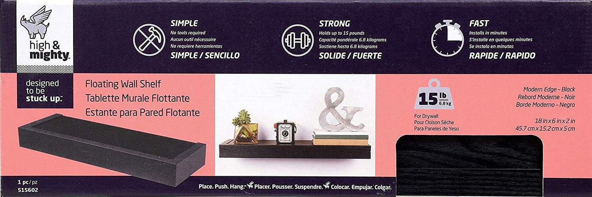 "HIGH & MIGHTY 515602, Tool Free Floating Shelf, 15 LB Limit, 18", Black"
