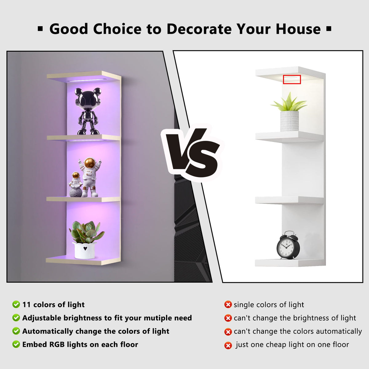 4-Tier Wall Shelf with 10 Rgb Lighting Modes, Multifunctional Wall Mounted Vertical Display Floating Shelf for Bedroom Living Room Vanity, White