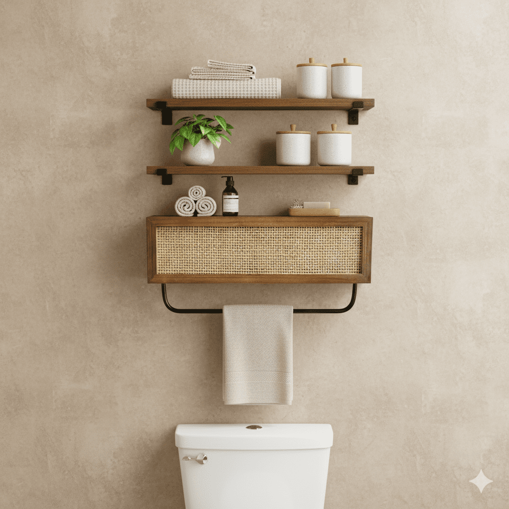 Autumn Alley Farmhouse Floating Shelves for Bathroom – Above Toilet Shelves with Rattan Basket Caning Organizer, Wood Floating Shelf Bathroom Storage, Wall Shelves Bathroom Décor, 3 Tier