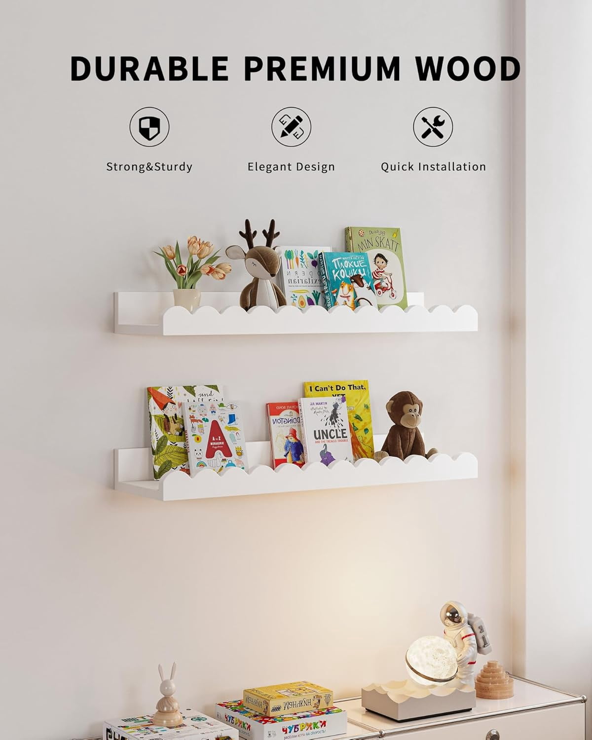 Nursery Book Shelves, 4-Pack White Floating Shelves for Wall Kids, Scalloped Shelves, Wall Book Shelves for Bedroom Kids, Toddler Room, Baby Room, Nursery Decor