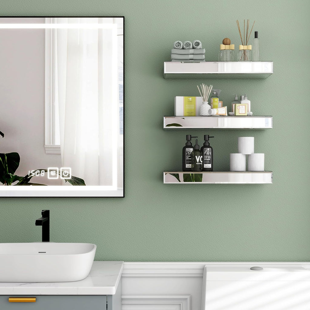 SHYFOY Mirrored Floating Shelves for Wall Set of 3 Glass Wall Shelves for Bathroom Decor, Wall Mounted Shelves for Living Room Kitchen