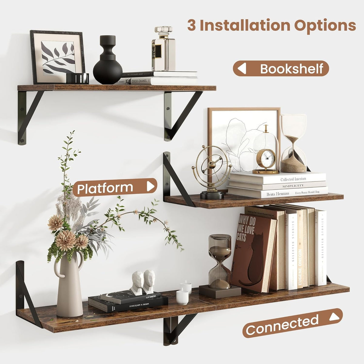 Floating Shelves for Wall, 16W x 8D Wood Floating Shelves Set of 2, 8'' Deep Rustic Wall Shelves for Bookshelf Living Room Bedroom Home Office Bathroom