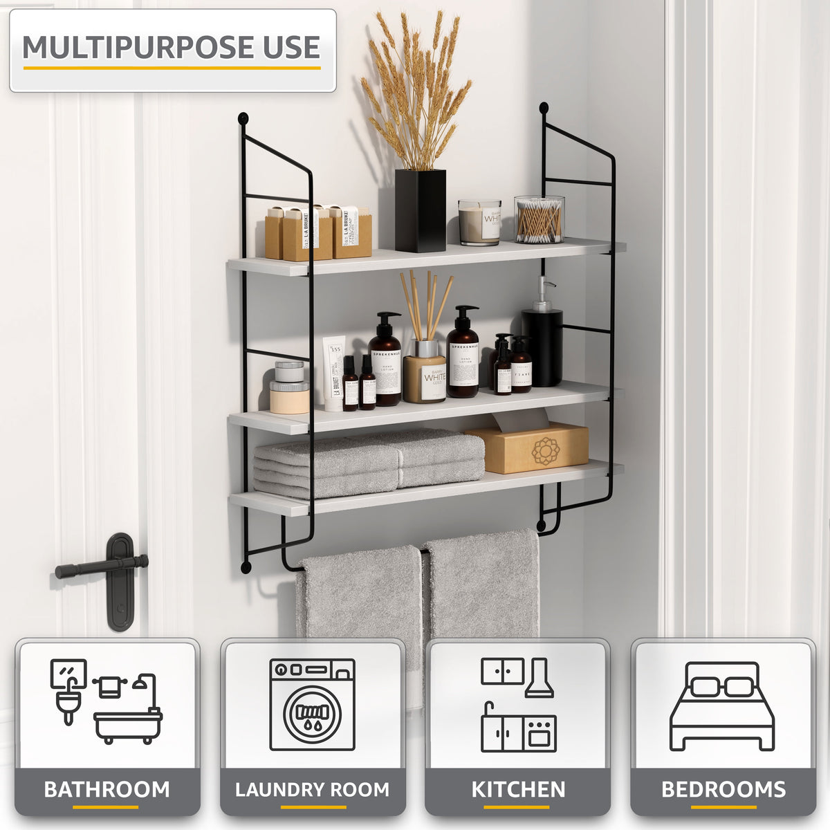 Sorbus 3-Tier Floating Bathroom Shelves for Wall - Wood Wall Storage for Towels, Over the Toilet Storage Cabinet, Gaming Floating Shelves, Bathroom Accessories, and Home Decor (White)