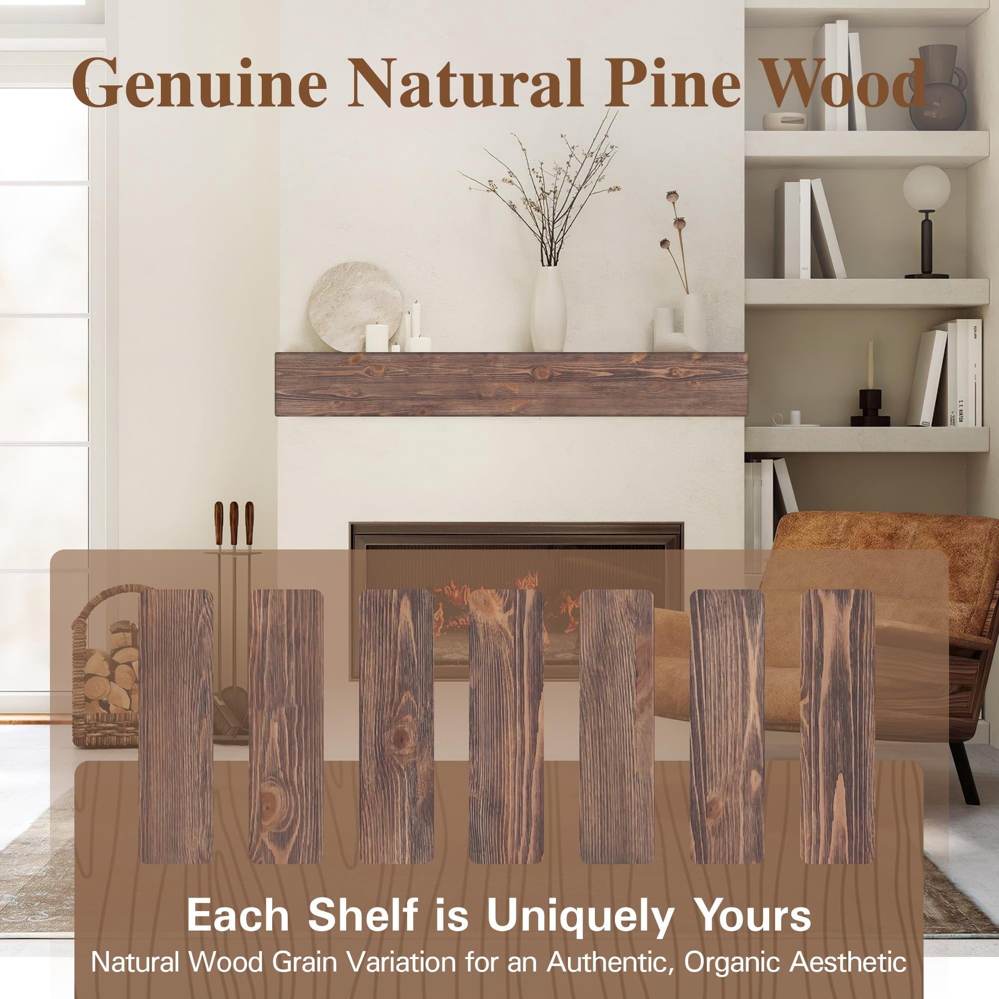 66 Inch Floating Fireplace Mantel Shelf, Handcrafted Solid Pine Wood Mantel with Invisible Heavy Duty Brackets, American Brown Wall Mounted Shelf for Over Fireplace Décor