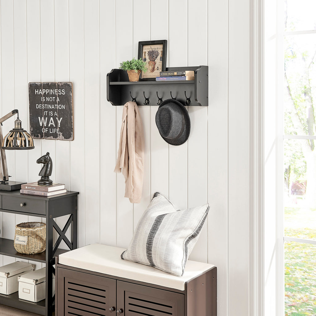 Entryway Floating Utility Wall Shelf with Hooks - Wall Mounted - Black