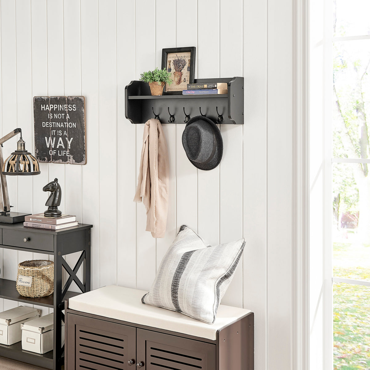 Entryway Floating Utility Wall Shelf with Hooks - Wall Mounted - Black