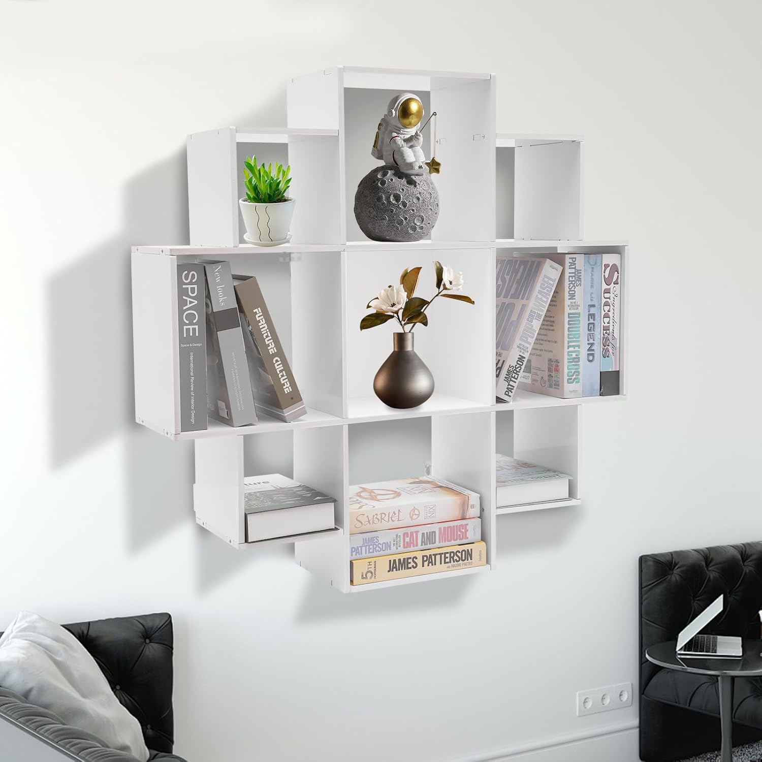 Wall Mounted Book Shelf Modern 3-Tier Floating Shelf Bookcase with 9 Compartments Wall Storage Shelves Floating Cube Shelf for Living Room Decoration Decor (White)