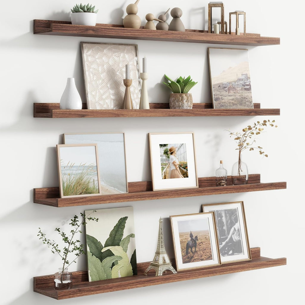Floating Picture Ledge Shelves for Wall Set of 4, 56 Inch Solid Wood Wall Shelves with Lip Long Large Nursery Book Shelf for Toys Storage Kids Bookshelf Wall Mounted Living Room Bedroom Decor Frames