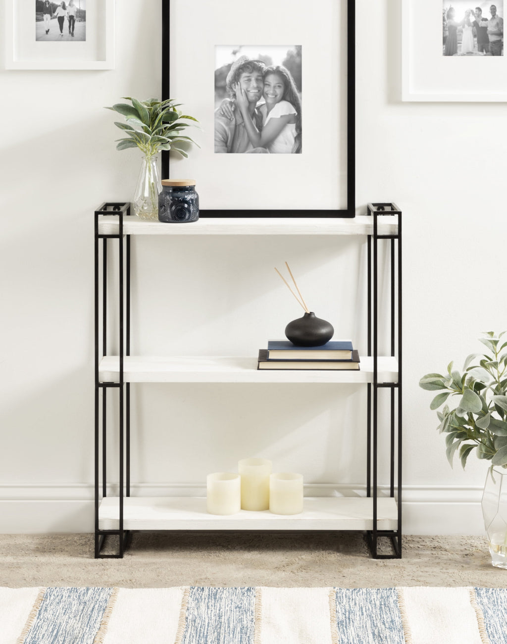 Kate and Laurel Lintz Modern Industrial Wood and Metal Floating Wall Shelves with Black Metal Frame, Rustic White