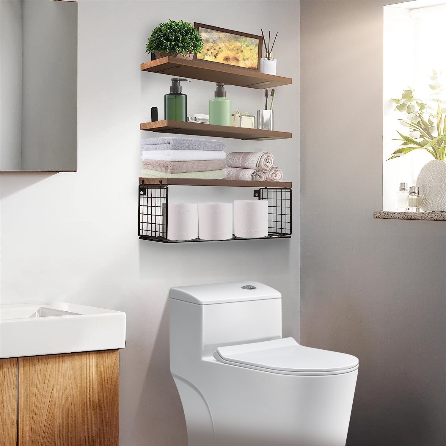 Rustic Floating Shelves, Moclever 2.75lbs Wall Mount Wooden Bathroom Floating Shelves with Basket