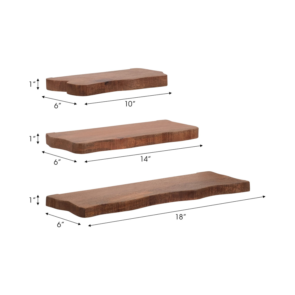 Mango Wood Floating Shelves for Living Room Decor - Modern Wall Display for Entryway - Storage Shelves for Bedroom - Set of 3, 18", Brown