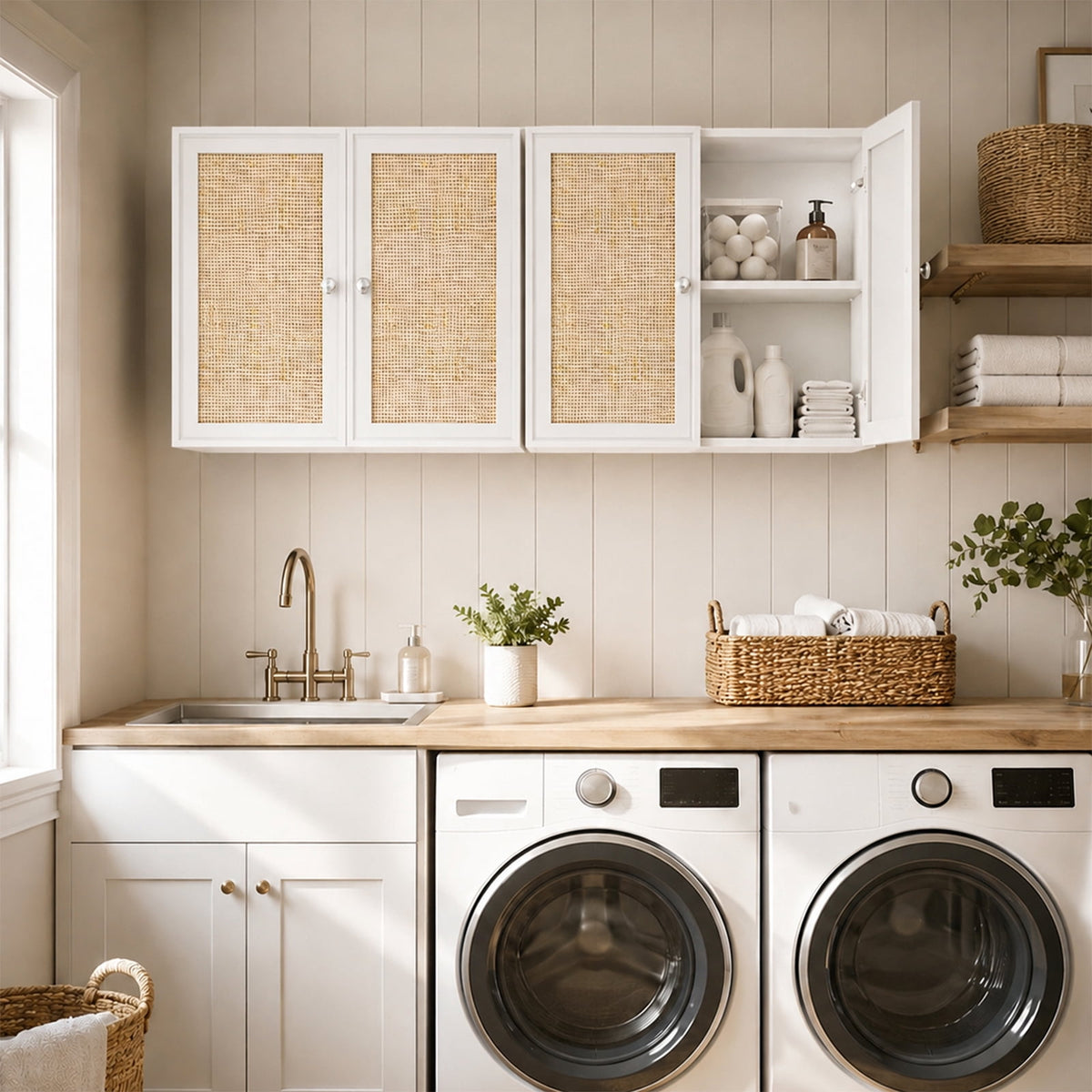 48 Inches Laundry Room Wall Cabinets Bathroom Cabinets Wall Mounted with Adjustable Shelves, Rattan Wall Cabinet for Bedroom, Kitchen, Bathroom