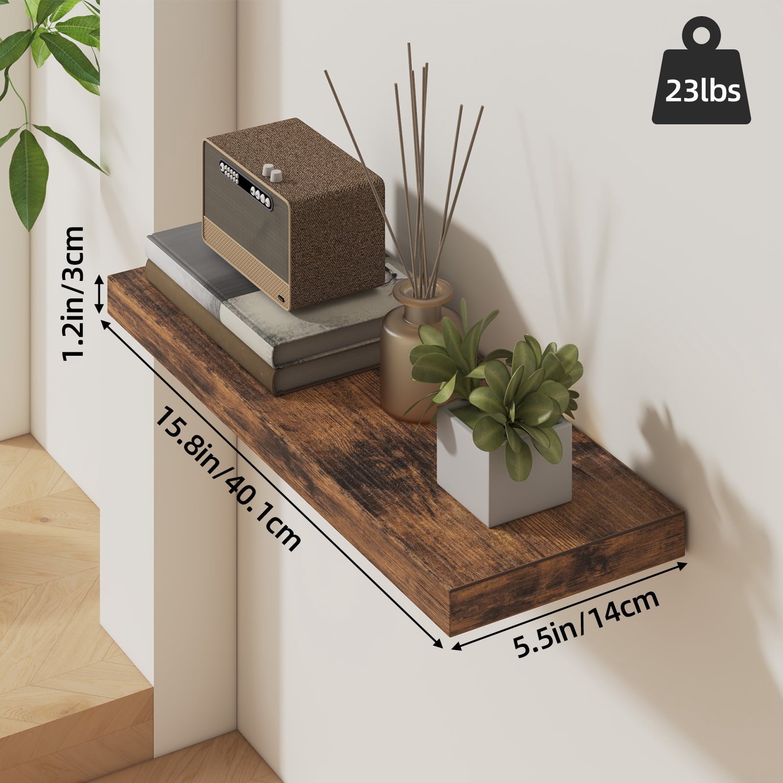 Fairy 15.8in Floating Shelves, Set of 6 Wood Shelves, Farmhouse Shelf Wall Decor, Brown