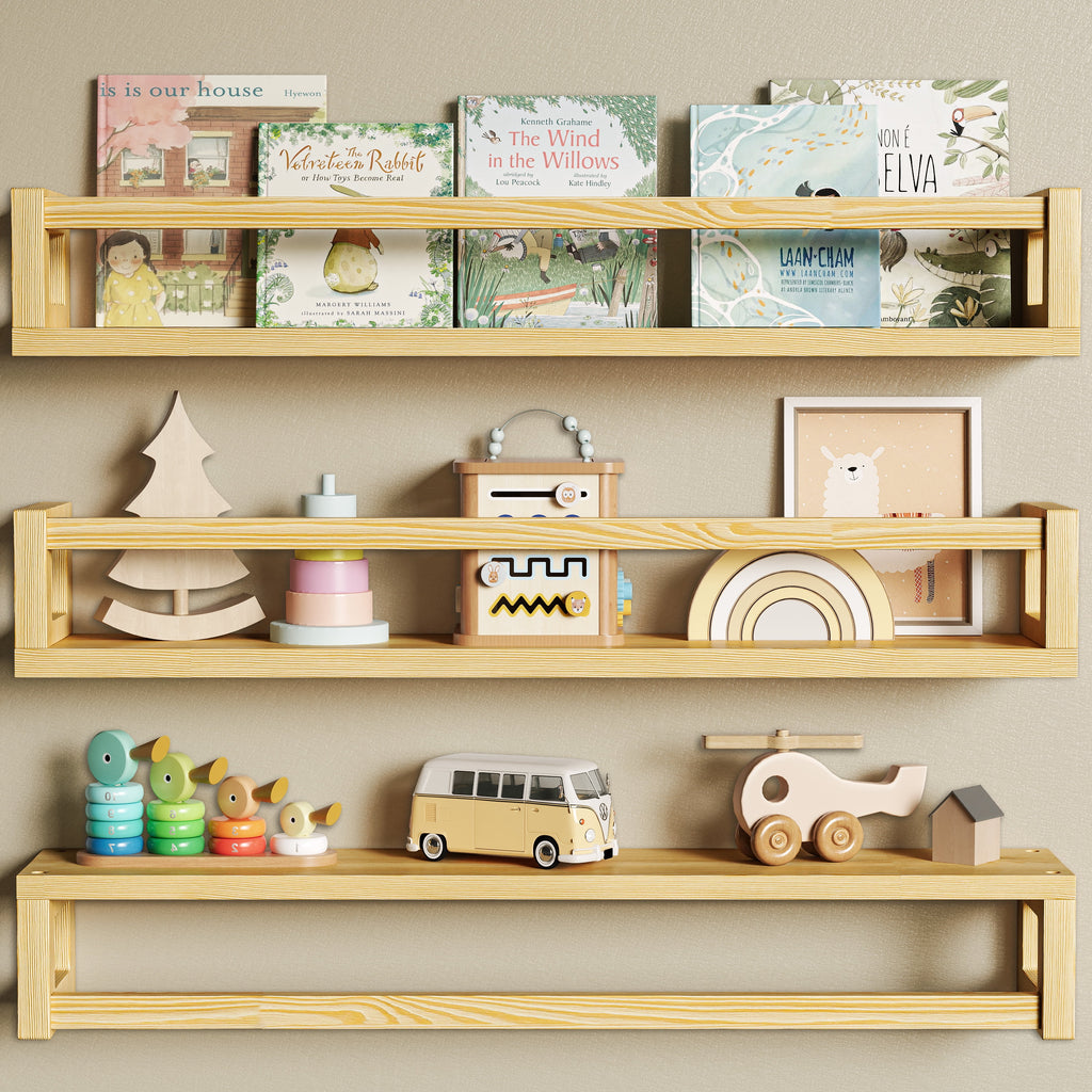 vivilife Solid Wood Floating Shelves for Nursery & Kids Room, 15.7", Walnut Brown (Set of 3)