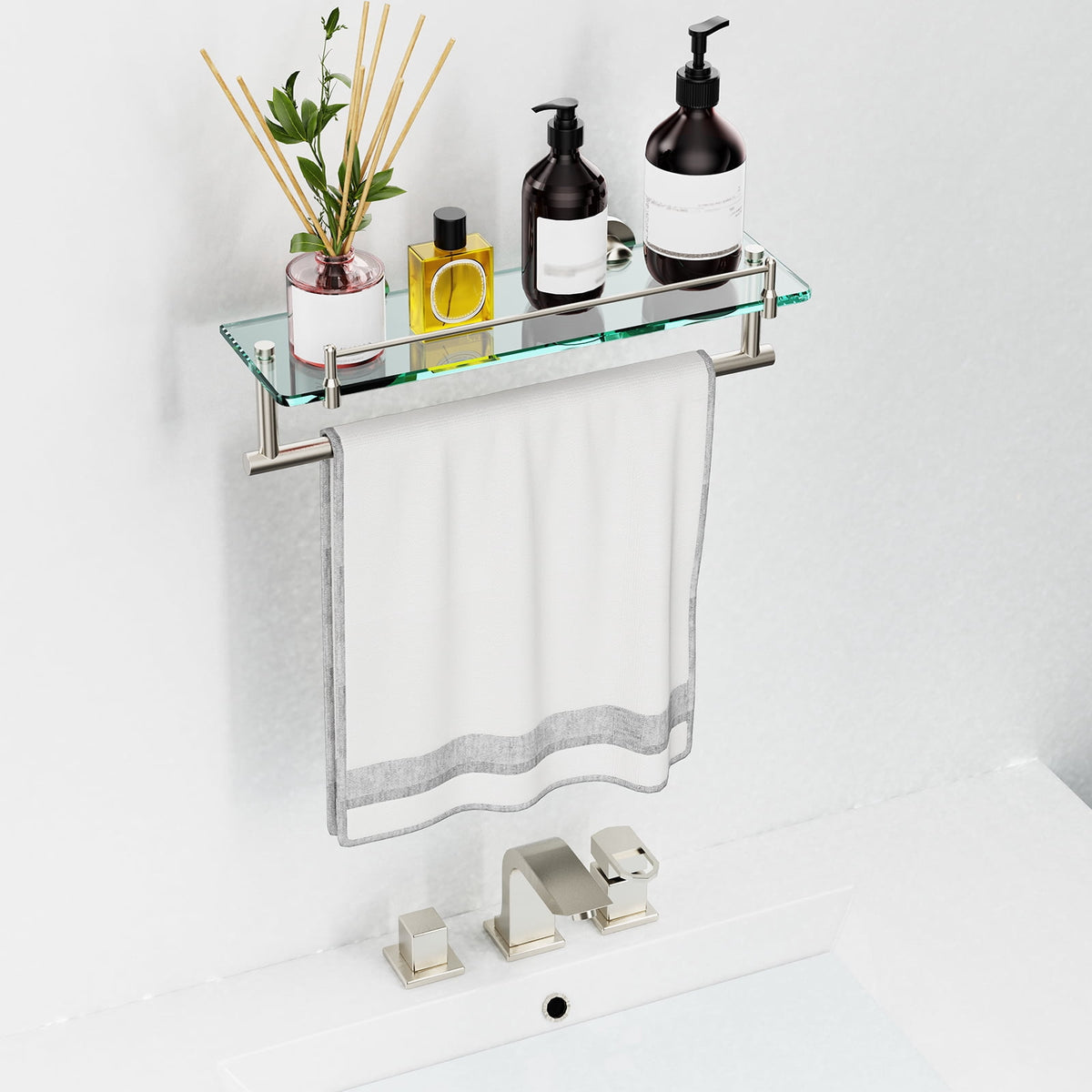 Bathroom Glass Shelf with Railing, Floating Tempered Glass Bathroom Wall Shelf Rectangle 16 Inch Over The Toilet Storage Cabinet, Gaming Floating Shelves, Bathroom Accessories and Home Decor