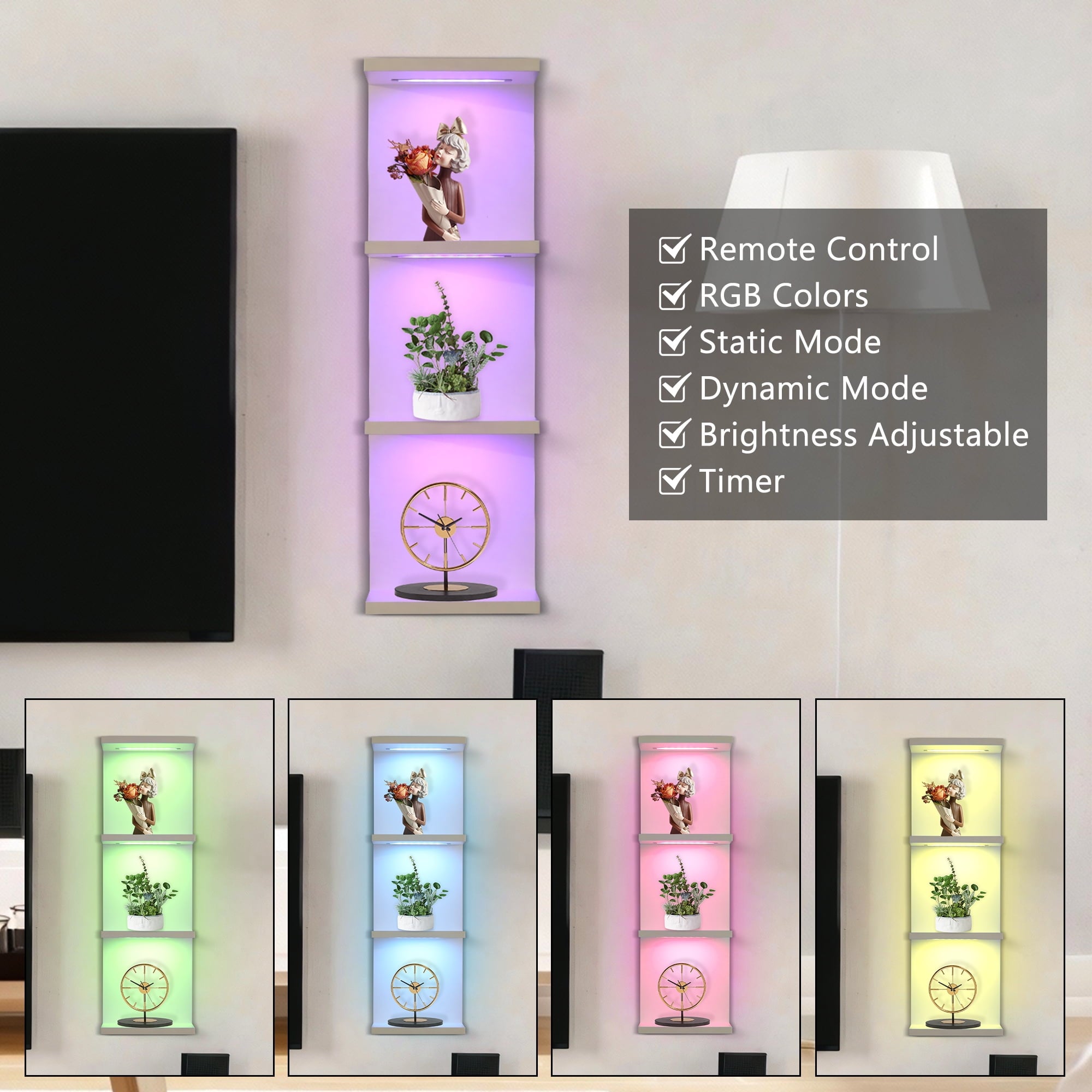 4-Tier Wall Shelf with 10 Rgb Lighting Modes, Multifunctional Wall Mounted Vertical Display Floating Shelf for Bedroom Living Room Vanity, White