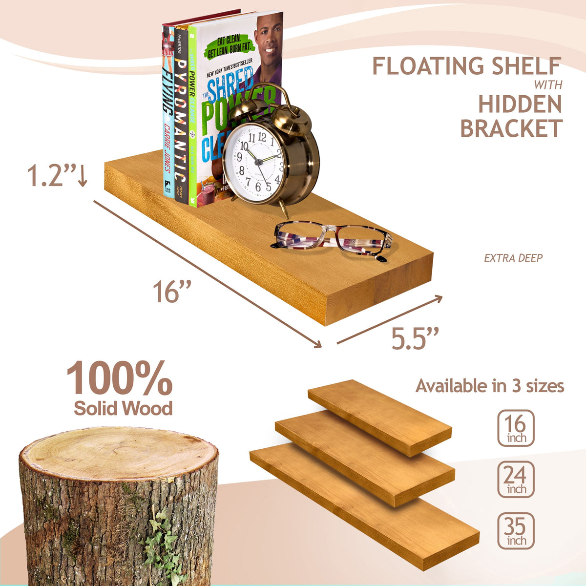 Sorbus Wood Floating Shelves for Wall - 16” Solid Wood Wall Shelves for Bathroom Decor, Books, Bedroom & Living Room - Set of 2 Wall Mounted Kitchen Shelves - Durable 100% Premium Solid Pine