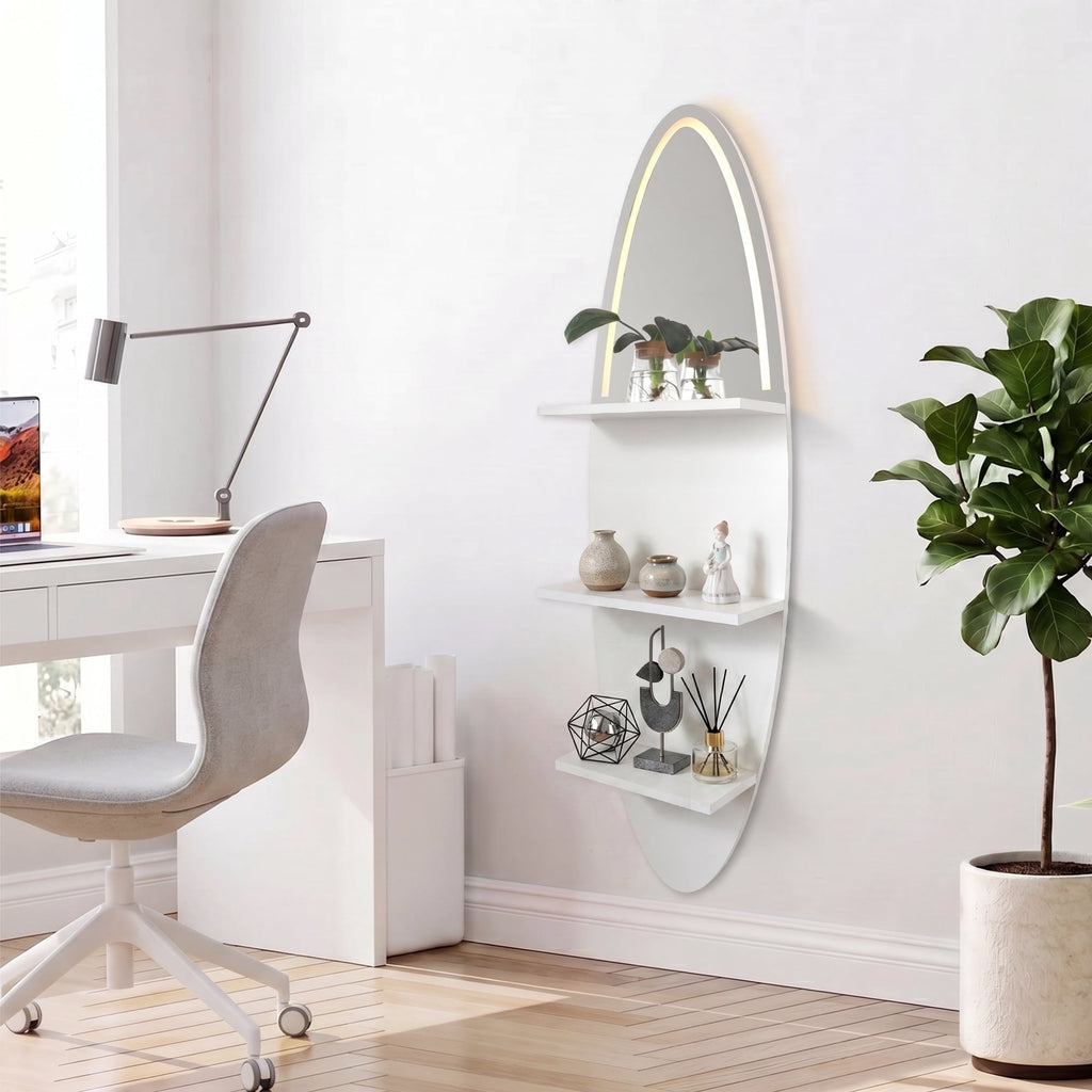 LEFINITO Surfboard Shaped LED Mirrored Floating Wall Storage Shelf, White Wall Shelf with Light for Home Decor