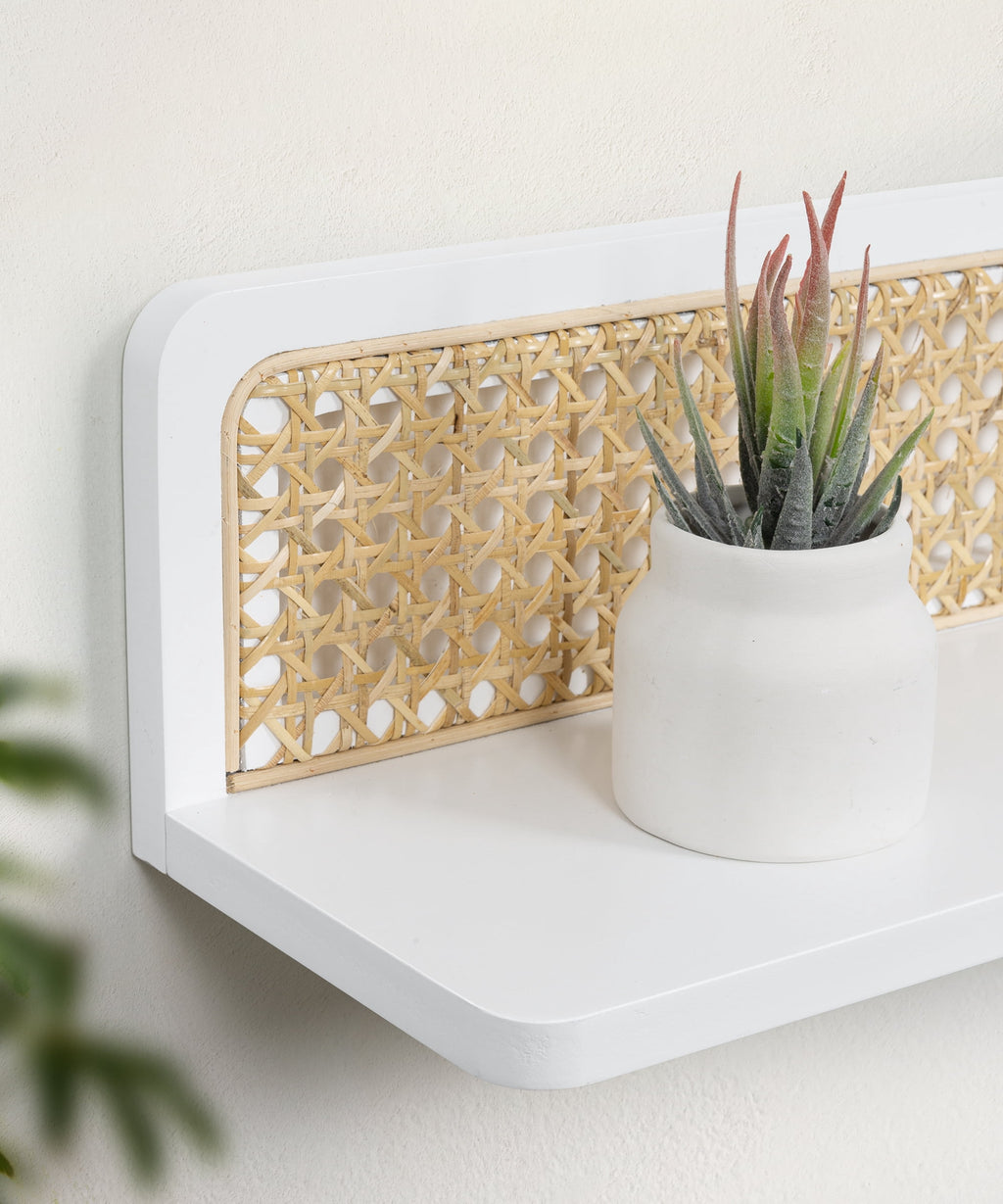 Sumgar Rattan Wall Shelf 16inch Set of 2, Handmade White Floating Shelves Boho Wall Decor, Rustic Wood Cute Wall Mounted Storage Shelves for Living Room Nursery Bedroom