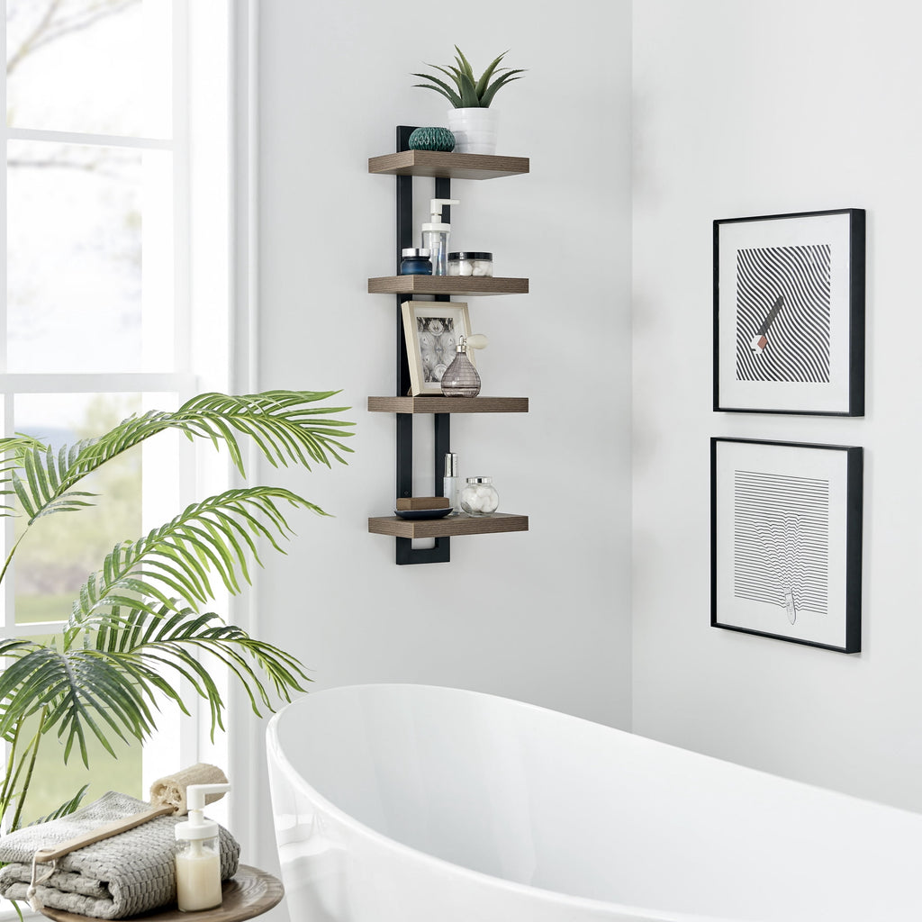 Danya B. 4-Tier Ladder Bracket Floating Wall Shelves - Black Metal and Walnut Finish