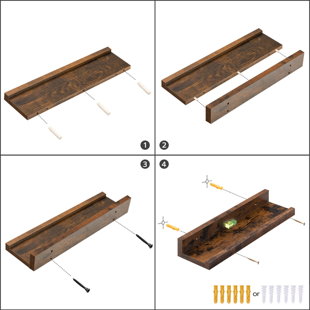 HOOBRO Set of 3 35.4-Inch Floating Wall Shelves with Raised Edge & Invisible Brackets, Rustic Brown