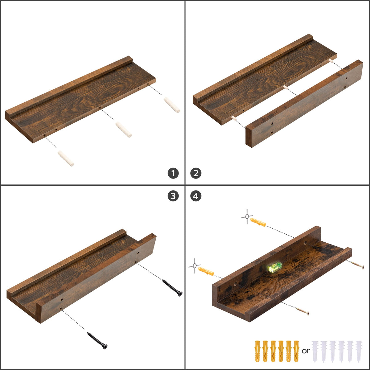 HOOBRO Set of 3 35.4-Inch Floating Wall Shelves with Raised Edge & Invisible Brackets, Rustic Brown
