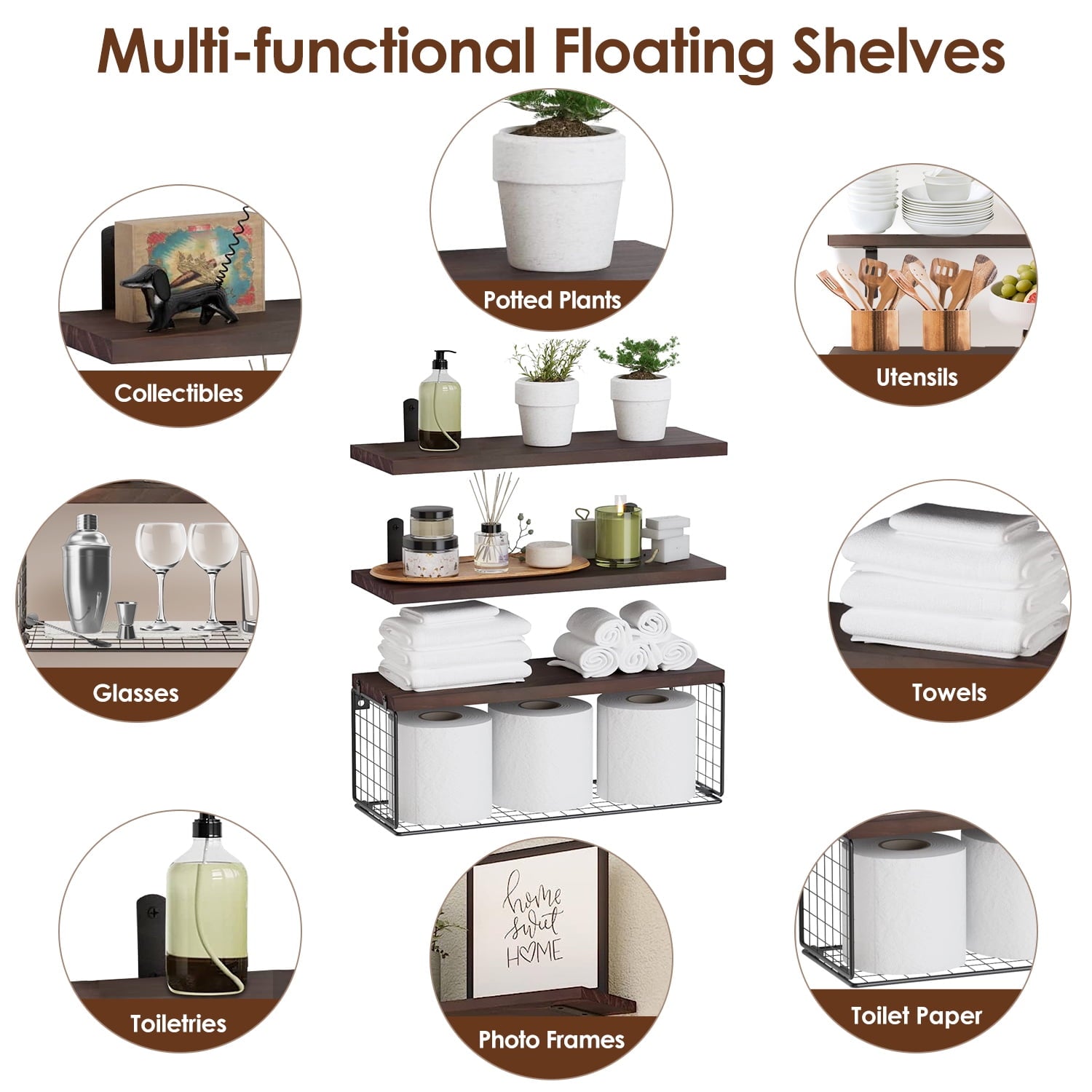 Rustic Floating Shelves, Moclever 2.75lbs Wall Mount Wooden Bathroom Floating Shelves with Basket
