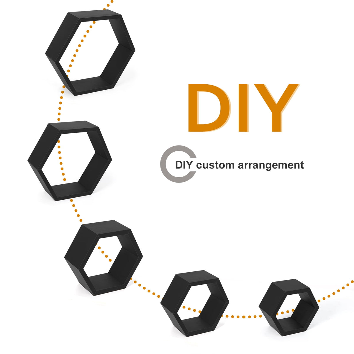 Hexagon Floating Shelves 5 Different Sizes Honeycomb Shelves for Wall, Black