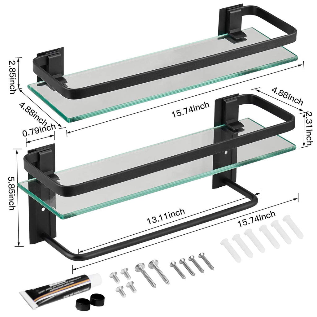 Sofinny 2 Tier Glass Shelf for Bathroom Wall Mounted, 15.7in Aluminum Floating Shelves with Towel Bar, No Drilling, 8mm Thick Tempered Glass (Black)