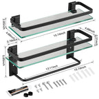 Sofinny 2 Tier Glass Shelf for Bathroom Wall Mounted, 15.7in Aluminum Floating Shelves with Towel Bar, No Drilling, 8mm Thick Tempered Glass (Black)