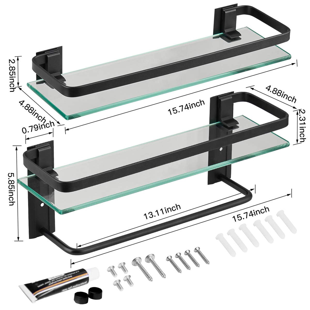 Sofinny 2 Tier Glass Shelf for Bathroom Wall Mounted, 15.7in Aluminum Floating Shelves with Towel Bar, No Drilling, 8mm Thick Tempered Glass (Black)
