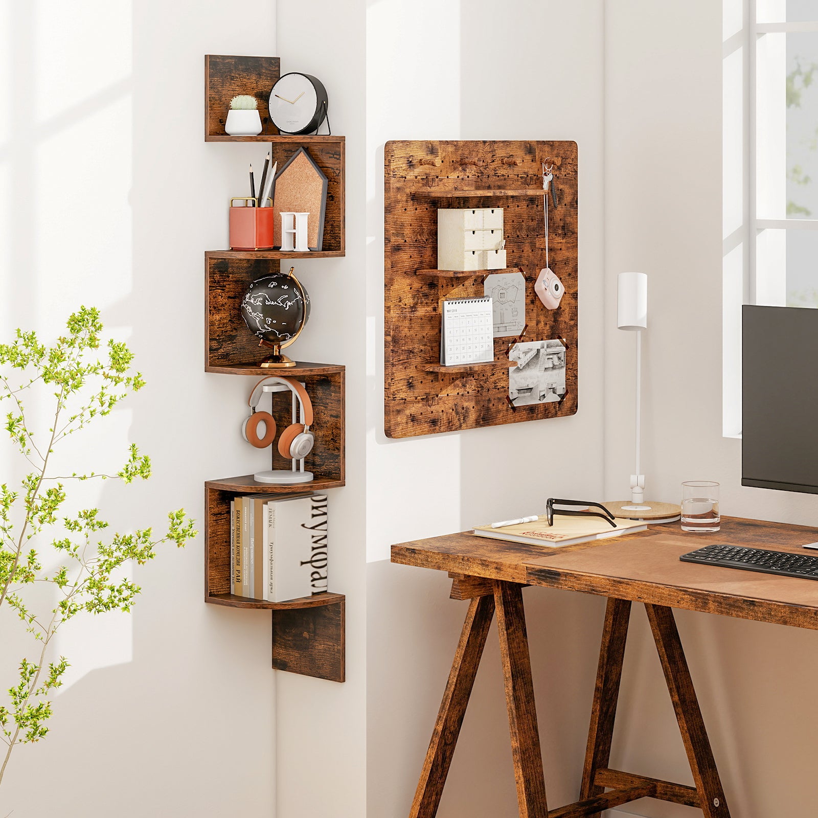 Topbuy 5-Tier Corner Shelf Wall Mount Floating Corner Bookshelf Industrial Corner Ladder Shelf Coffee