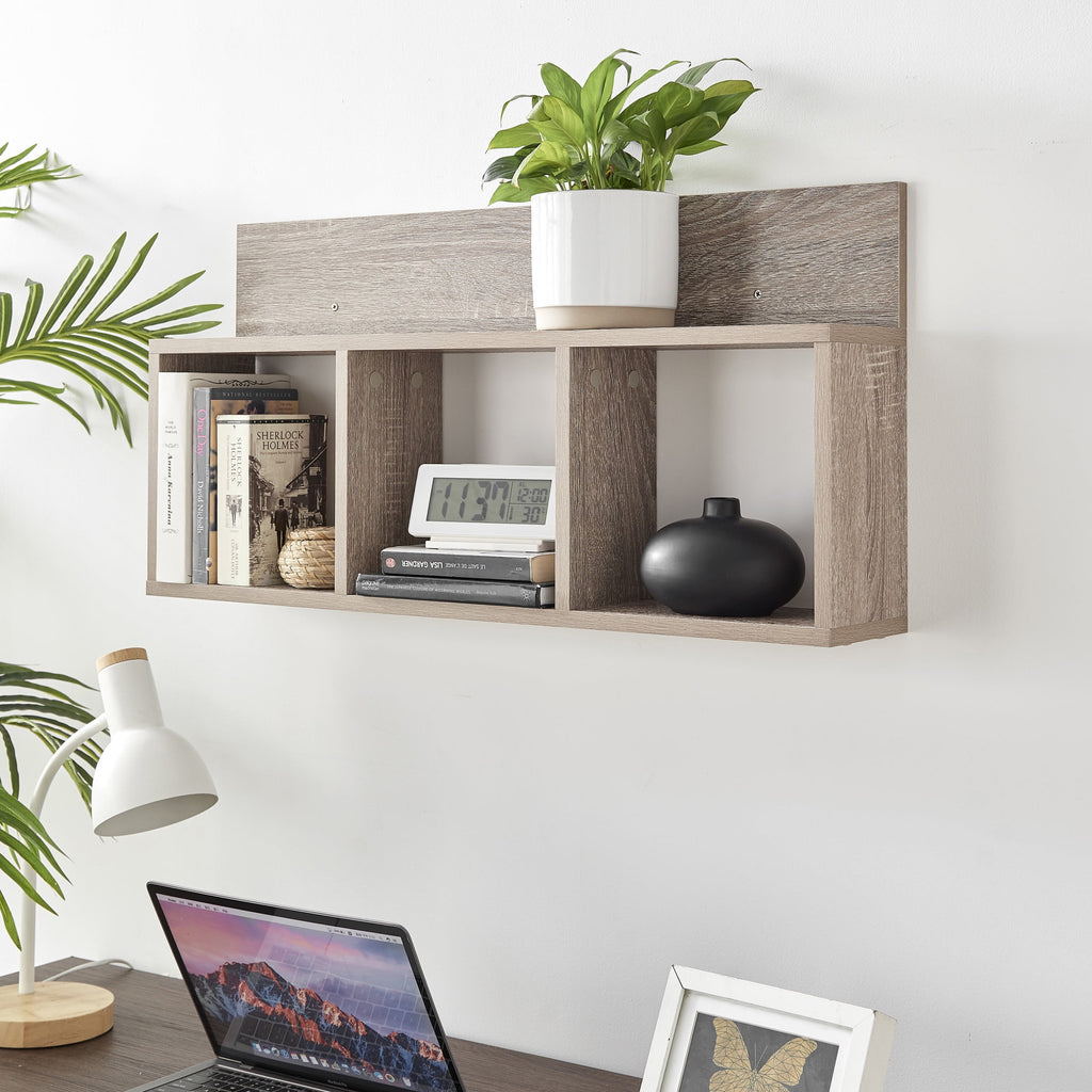 Danya B. Modern 3 Cube Floating Wall Shelf with Display Ledge - Easy to Hang Wall Mounted Triple Cubby Shelf - Oak