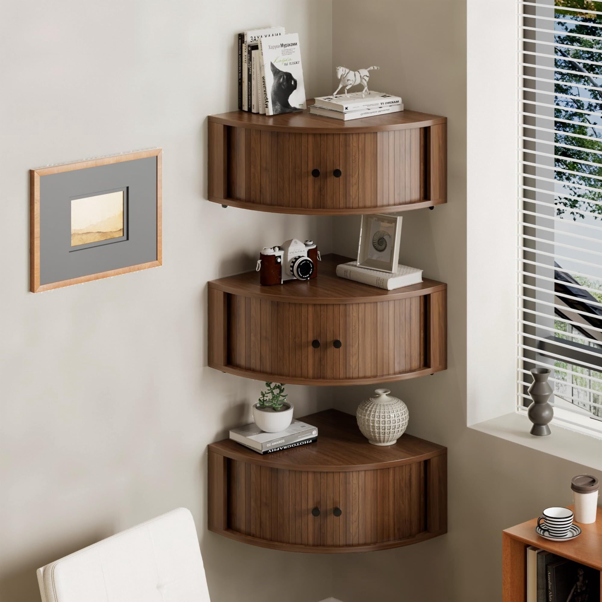 Fluted Corner Wall Cabinet Set of 3, Floating Corner Shelves with Sliding Doors, Wall Storage Organizer for Living Room
