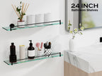 24 Inch Glass Bathroom Shelves,Matte Black Floating Shelves for Wall Rectangular Modern Stainless Steel Glass Shelf for Bathroom Shelves Wall Mounted