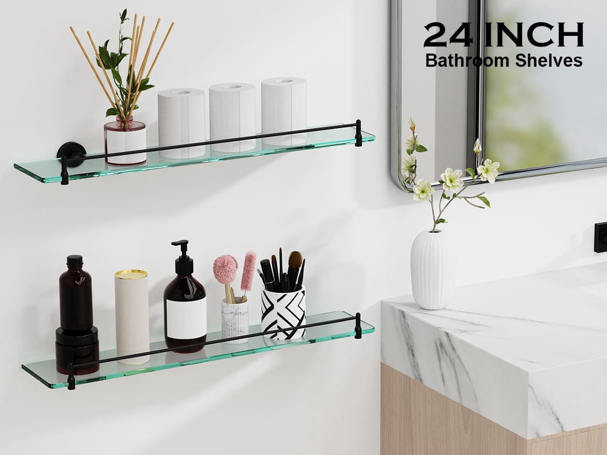 24 Inch Glass Bathroom Shelves,Matte Black Floating Shelves for Wall Rectangular Modern Stainless Steel Glass Shelf for Bathroom Shelves Wall Mounted