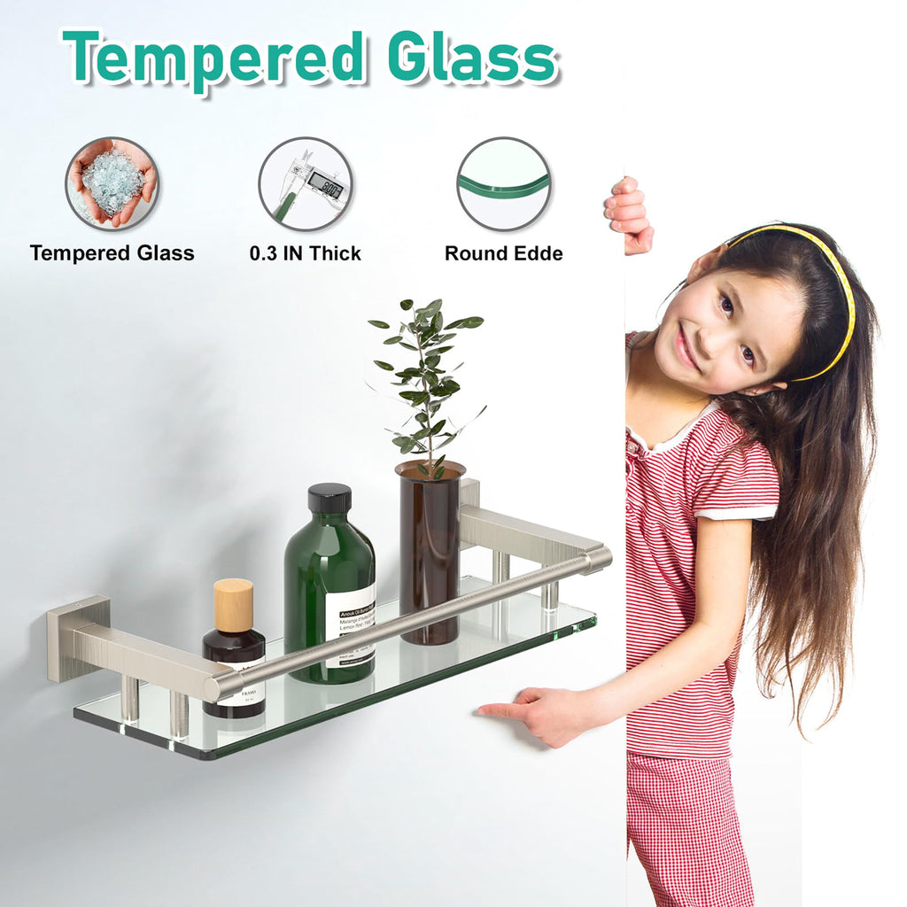 Woindo Bathroom Glass Shelf with Full-coverage Railing, Floating Tempered Glass Bathroom Wall Shelf Rectangle 16 Inch Shelves Brushed Nickel Bracket Mount Modern