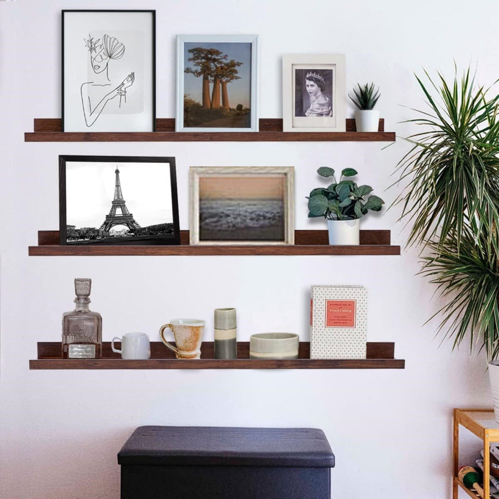 36 Inch Wood Floating Shelves Wall Mounted Deep Walnut Picture Ledge Shelf Nursery Book Shelves for Home Decor for Bedrooms, Office, Living Room, Kitchen, 3 Same Sizes