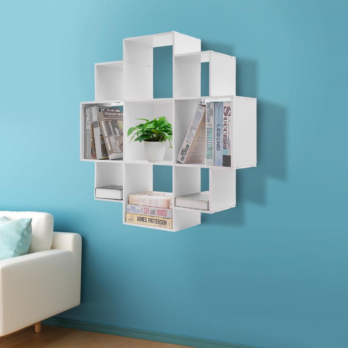 Wall Mounted Book Shelf Modern 3-Tier Floating Shelf Bookcase with 9 Compartments Wall Storage Shelves Floating Cube Shelf for Living Room Decoration Decor (White)