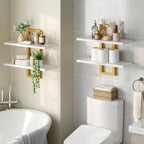 HOOBRO Floating Shelves, 15 Inch Wall Shelf Set of 2, Wall Mounted Storage Shelves 2-Tier, Hanging Bathroom Shelves, for Living Room, Bedroom, Bathroom, Kitchen, White and Gold DW32BJ01
