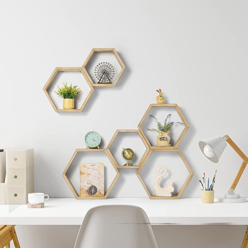 HexaHome 11.3” x 14.8” Rustic Floating Shelves 6-Tier Honeycomb Wood (6 Count)
