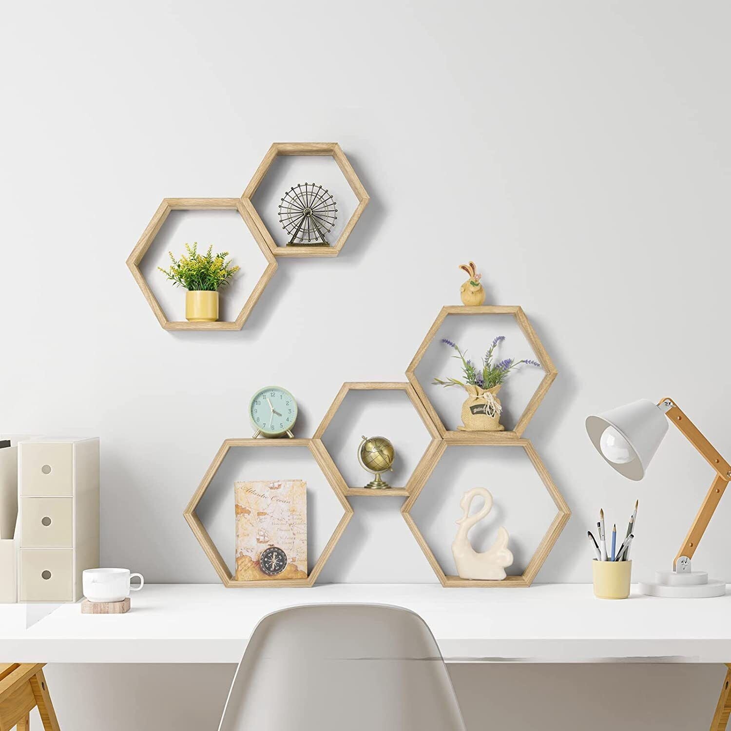 HexaHome 11.3” x 14.8” Rustic Floating Shelves 6-Tier Honeycomb Wood (6 Count)
