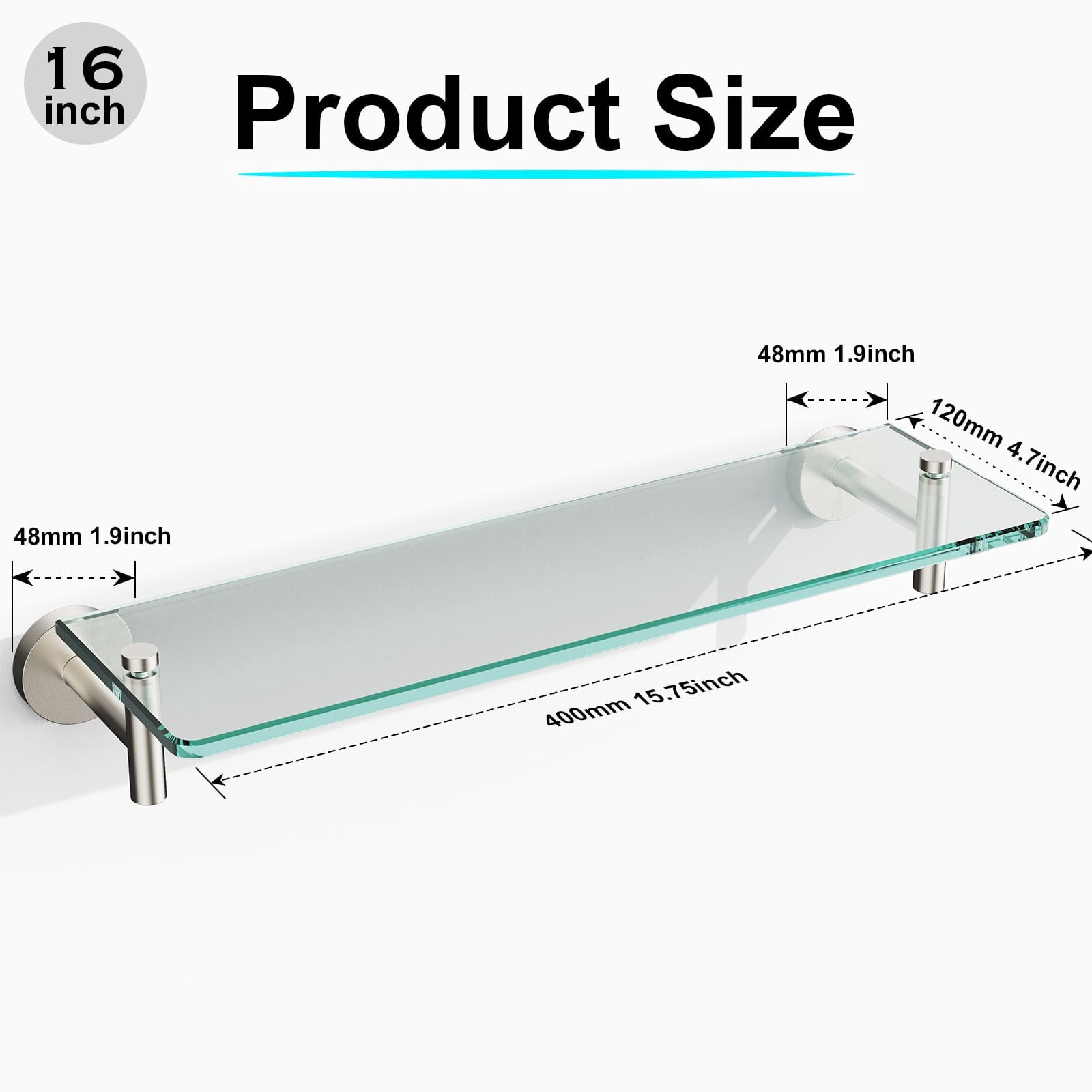 Woindo Bathroom Glass Shelf, Floating Tempered Glass Bathroom Wall Shelf Rectangle 16 Inch Shelves Brushed Nickel Bracket Mount Modern