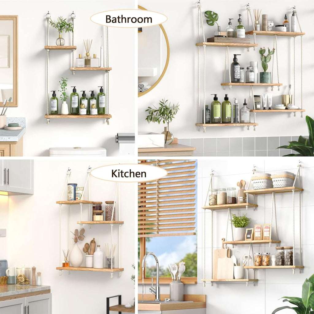FKS LIFE Hanging Shelves for Wall, Macrame Hanging Plant Shelf with Vine Lights 5 Tier Rope Floating Shelf Storage Rack Boho Wall Decor