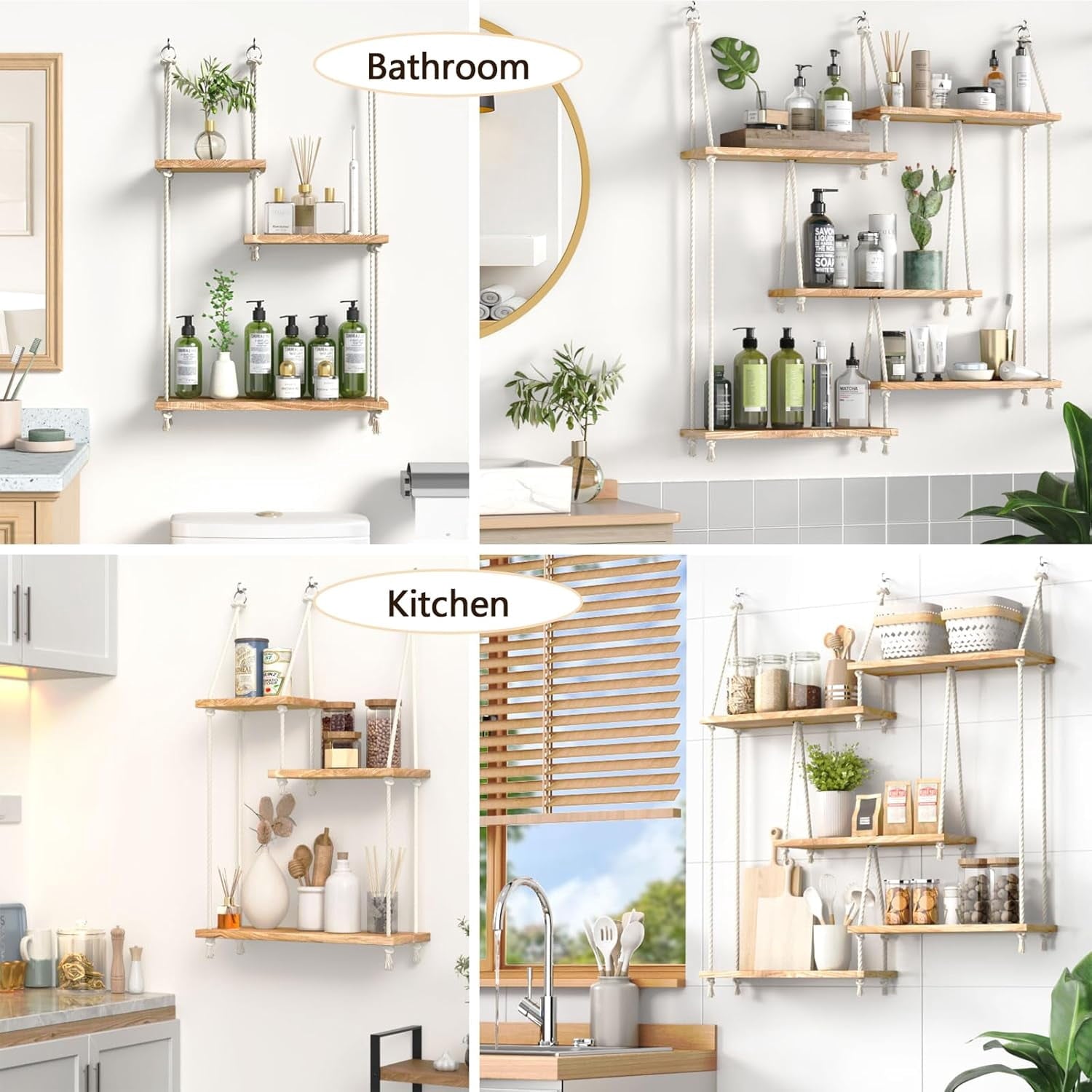 FKS LIFE Hanging Shelves for Wall, Macrame Hanging Plant Shelf with Vine Lights 5 Tier Rope Floating Shelf Storage Rack Boho Wall Decor