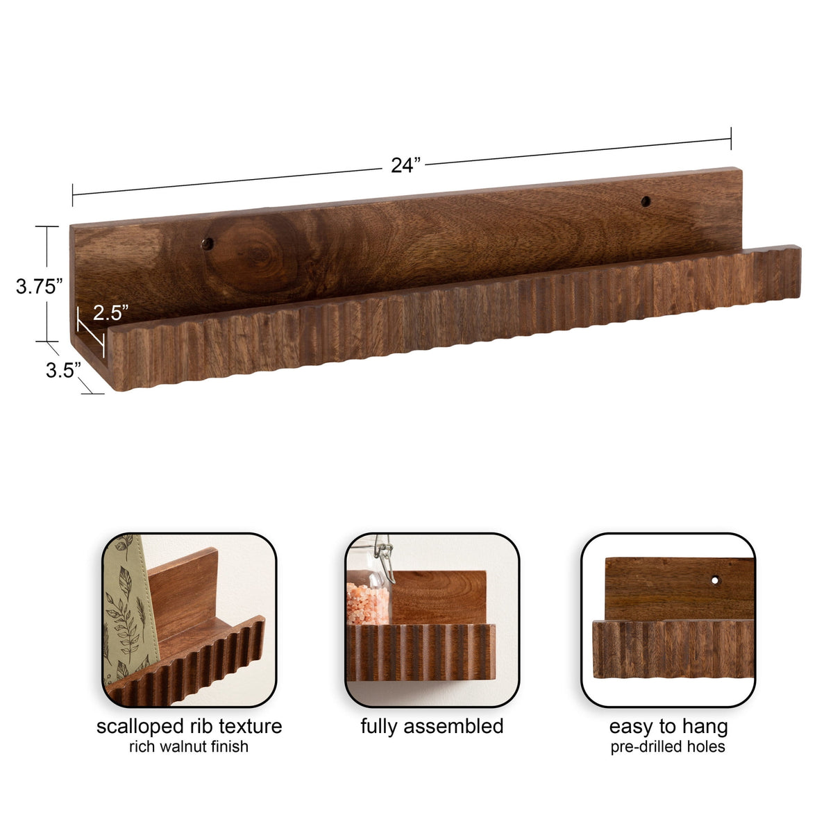 Kate and Laurel Furrow Modern Wood Photo Display Ledges, Set of 2, 24 Inches, Walnut Brown, Scalloped Floating Picture Ledge Shelf Set with Lip for Use as Nursery Book Shelves or Gallery Wall Decor