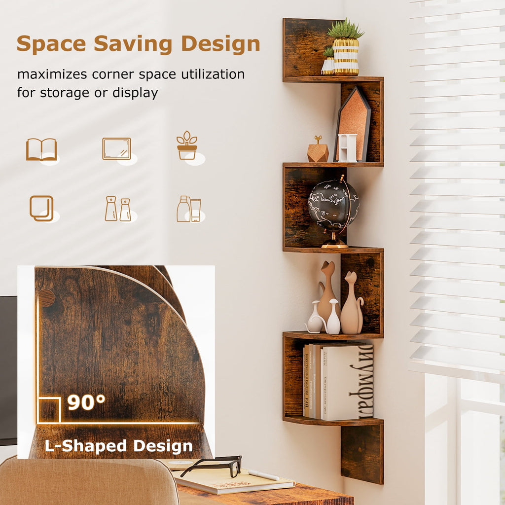 Topbuy 5-Tier Corner Shelf Wall Mount Floating Corner Bookshelf Industrial Corner Ladder Shelf Coffee