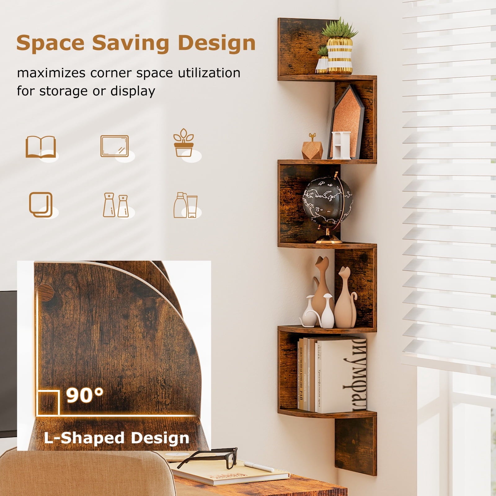 Topbuy 5-Tier Corner Shelf Wall Mount Floating Corner Bookshelf Industrial Corner Ladder Shelf Coffee