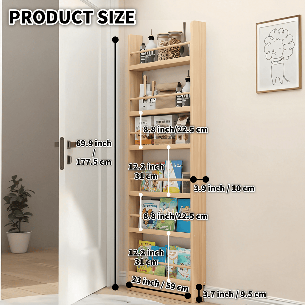 VGBYUJ 6 Tier Behind The Door Bookshelf, 70" Behind The Door Storage Organizer, Wall Mount Bookcases for Narrow Space, Solid Wood